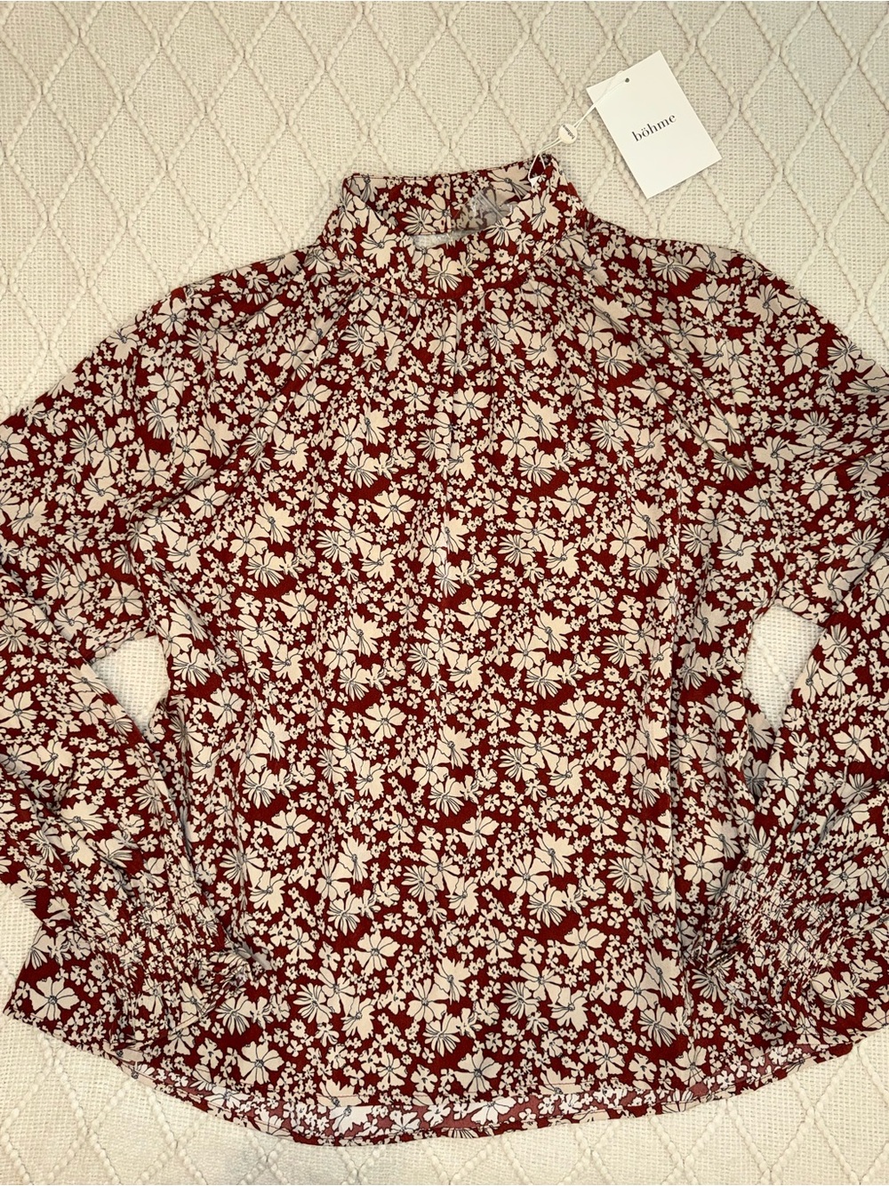 Böhme Ivory Floral Mock Neck Blouse on Burgundy L